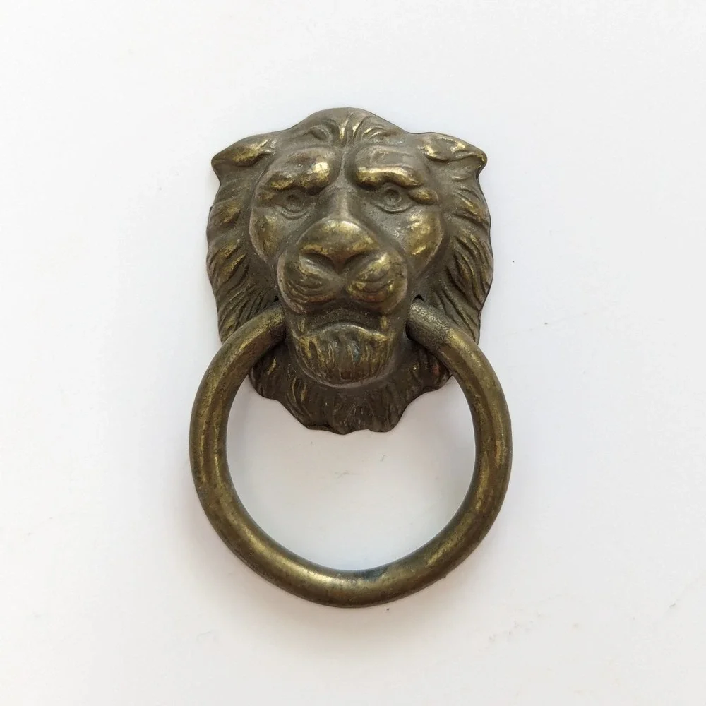 Vintage Antiqued Brass Lion Head Drop Ring Drawer Pull Furniture Handle 2.5
